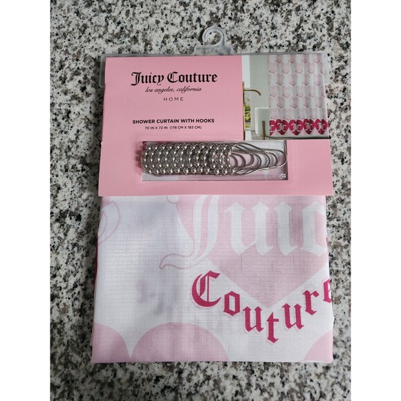 NWT JUICY COUTURE SHOWER CURTAIN WIT HOOKS 70 X 72 LOGO HEARTS WHITE PINK NEW - Picture 1 of 5